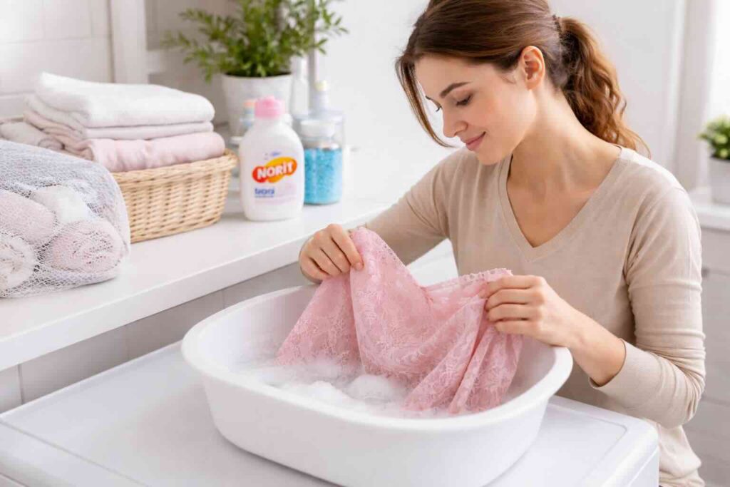 Mujer lavando prendas delicadas