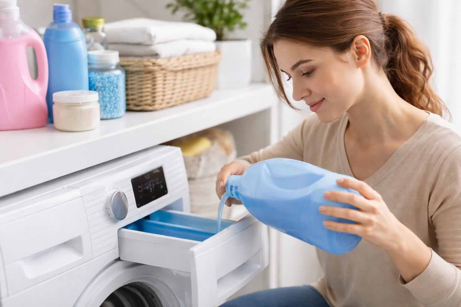Mujer poniendo suavizante en la lavadora