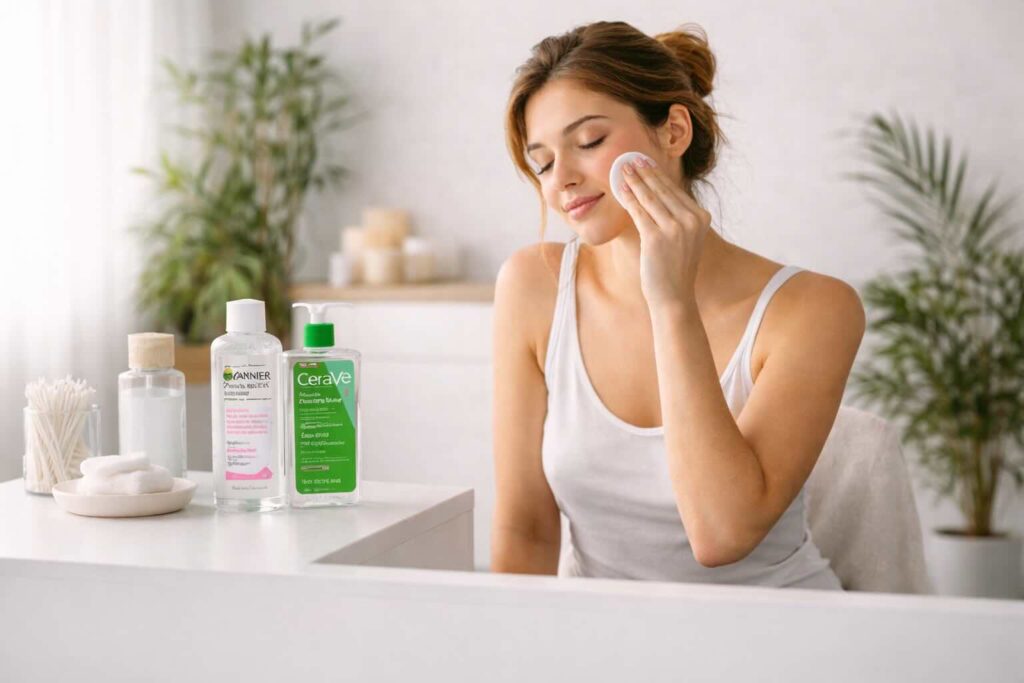 Mujer aplicandose agua micelar