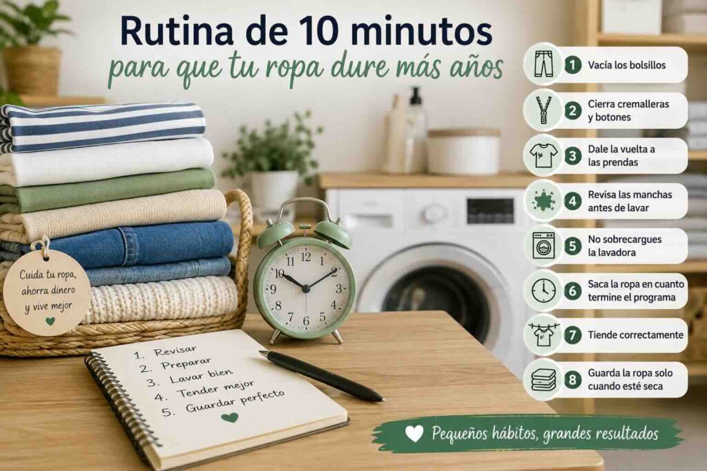 Descubre una sencilla rutina de 10 minutos para cuidar mejor tu ropa, evitar el desgaste prematuro y conseguir que tus prendas duren mucho más tiempo.