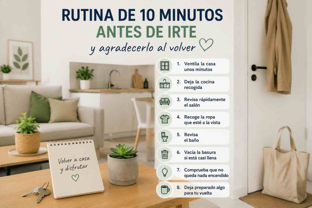 Descubre una sencilla rutina de 10 minutos para dejar la casa ordenada antes de salir y disfrutar de un hogar mas agradable al volver.